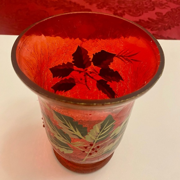Vintage Red Crackle Glass Hurricane Vase Hand Painted Christmas Poinsettias 6” - Picture 3 of 12